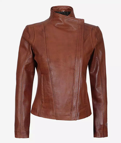 Women's Cognac Asymmetrical Leather Moto Jacket image 1