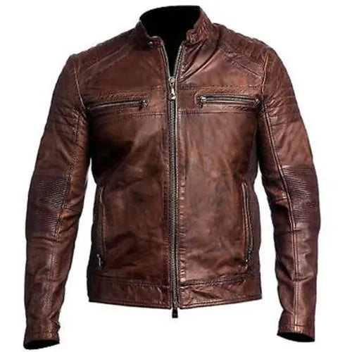 Vintage Distressed Brown Biker Motorcycle Genuine Real Leather Jacket image 0