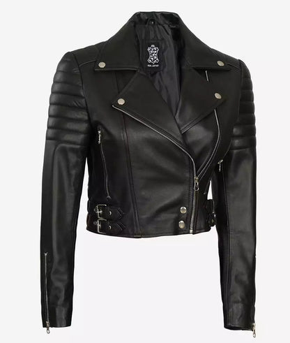 Women's Black Asymmetrical Cropped Moto Leather Jacket image 1