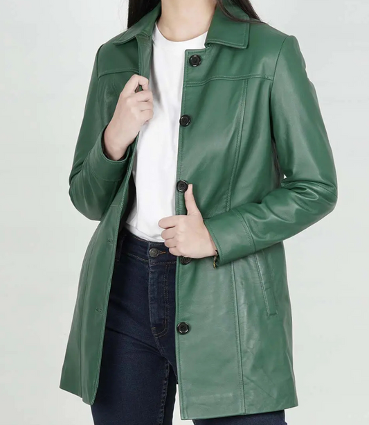 Women's Real Leather 3/4 Length Button Down Green Coat image 0
