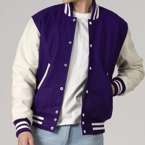 Men's Customizable Purple & White All-Wool Varsity Jacket image 1