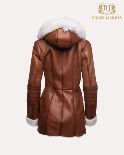 Womens Tan Shearling Trench Style Leather Coat with Fur Hooded image 1