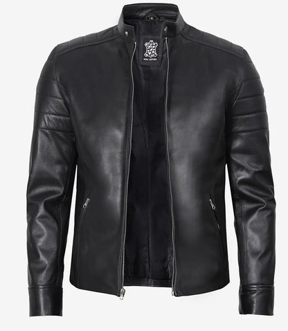Men's Black Cafe Racer Real Leather Jacket image 1