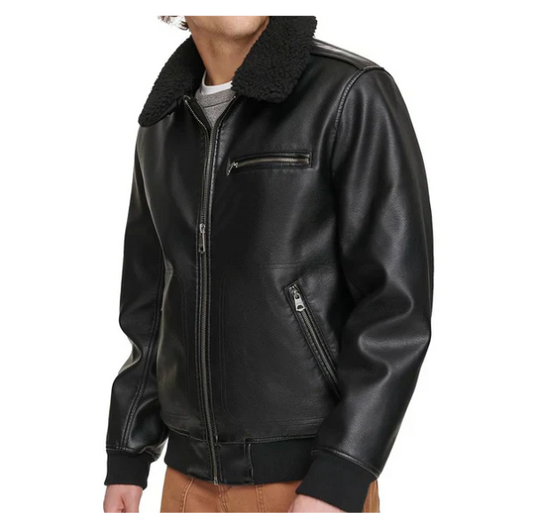 Men's Sherpa Collar Faux Shearling Bomber Leather Jacket image 0