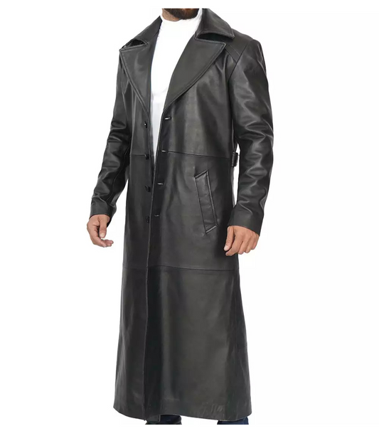 Men's Black Full-Length Leather Trench Coat image 0