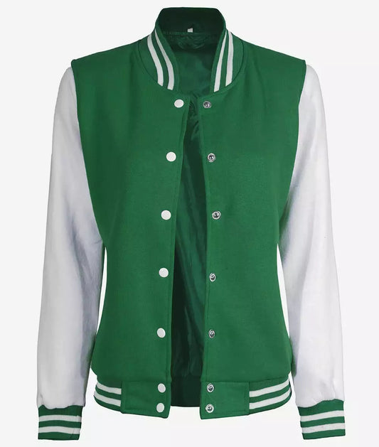 Women's White and Green Letterman Bomber Jacket - Baseball Style image 0