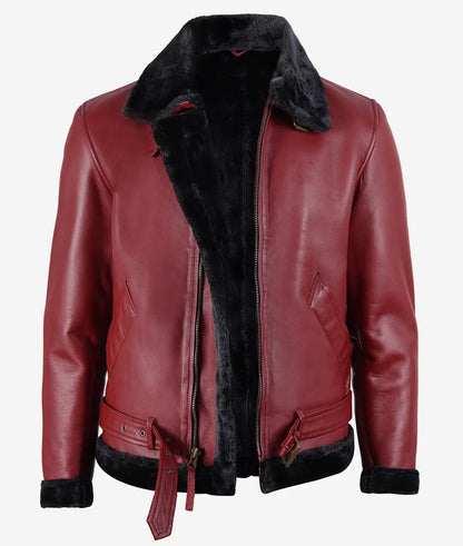 Men's Shearling Maroon Leather Bomber Jacket with a Belted Waist image 1