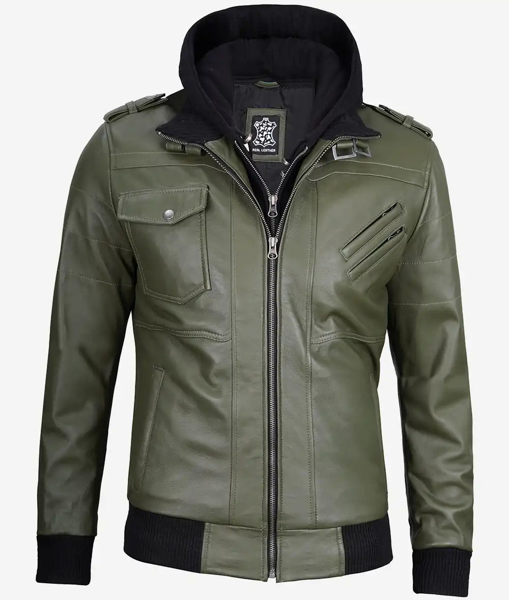 Men's Military Green Real Leather Bomber Jacket with Hood image 1