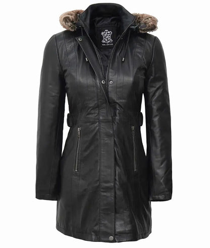 Women's Black Premium Leather Coat | Removable Fur Hood image 1