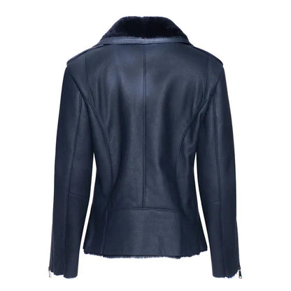 Women's Blue Shearling Straight Leather Jacket image 1