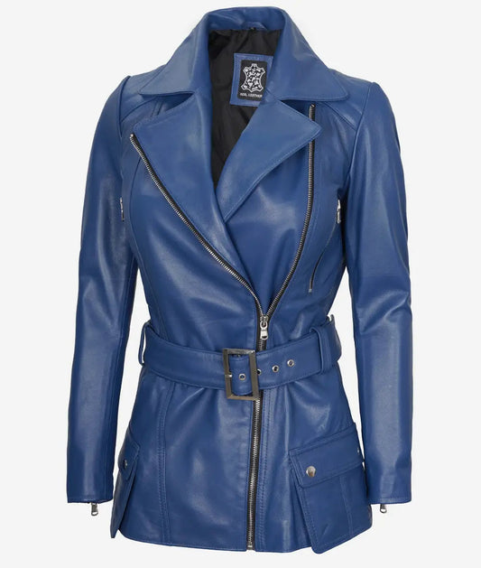 Women's Blue Asymmetrical Belted Moto Leather Jacket image 0