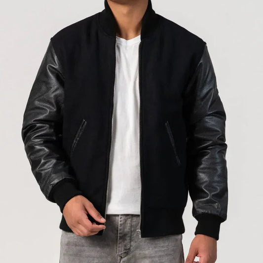 Men's Black Melton & Cowhide Wool Varsity Jacket image 0