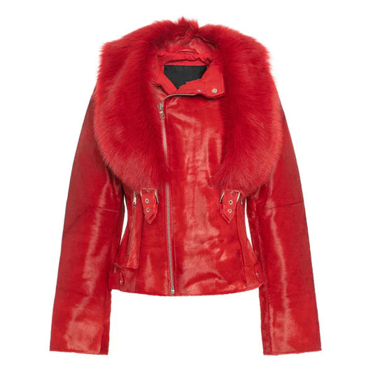 Women's Red Tara Calf Faux Shearling Leather Jacket image 0