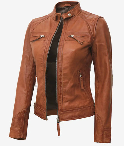 Women's Tan Real Lambskin Leather Quilted Biker Jacket image 0