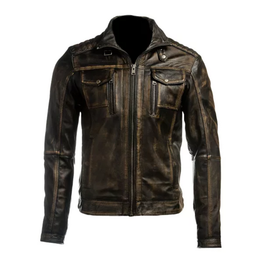 Men’s Vintage Biker Retro Motorcycle Distressed Leather Jacket image 0
