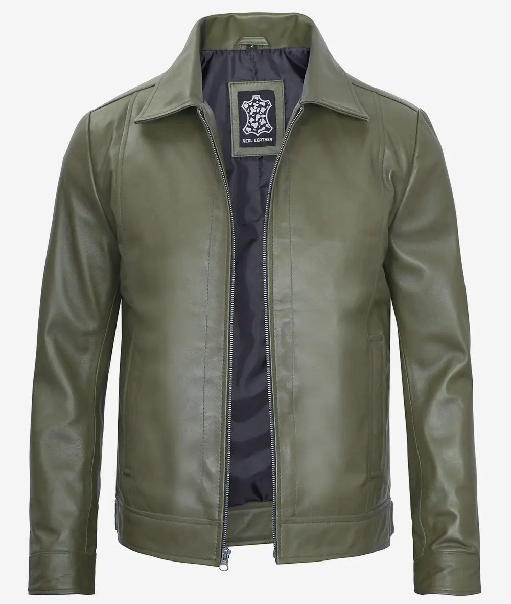 Men's Green Classic Shirt Collar Military Leather Jacket image 1