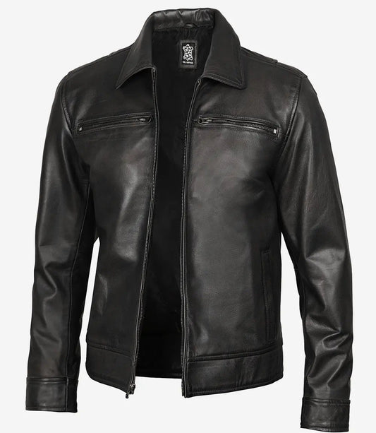 Men's Classic Shirt Style Black Leather Jacket image 0