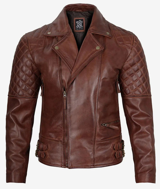 Men's Cognac Brown Leather Biker Jacket image 0