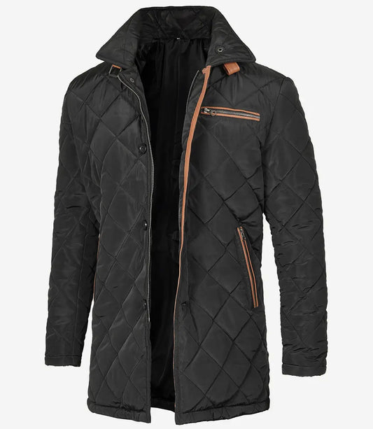 Men's Black Quilted 3/4 Length Polyester Coat - Brown Detailing image 0