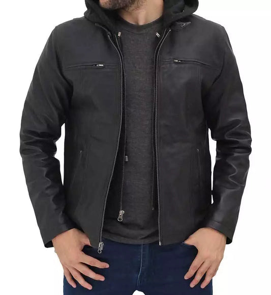 Men's Black Removable Hood Leather Jacket image 0