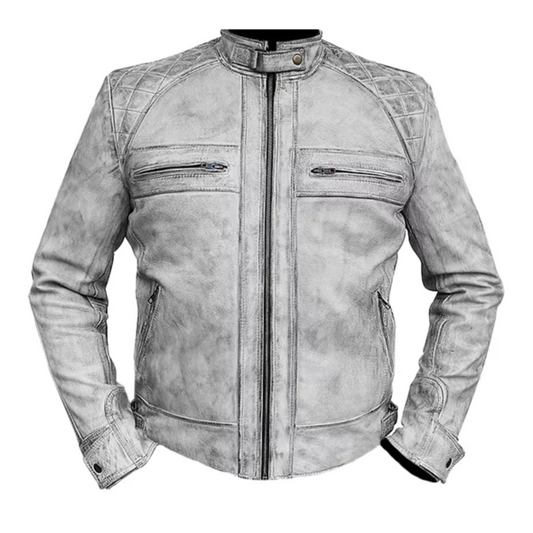 Men’s Cafe Racer Motorcycle Quilted Distressed Grey Jacket image 0