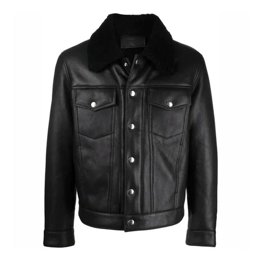 Men's Faux Shearling Fur Collar Black Bomber Leather Jacket image 0