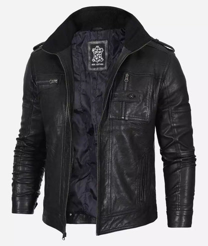 Men's Washed Black Real Leather Biker Jacket image 1