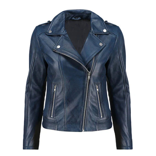 Women's Blue Handwaxed Zip-Up Moto Leather Jacket image 0