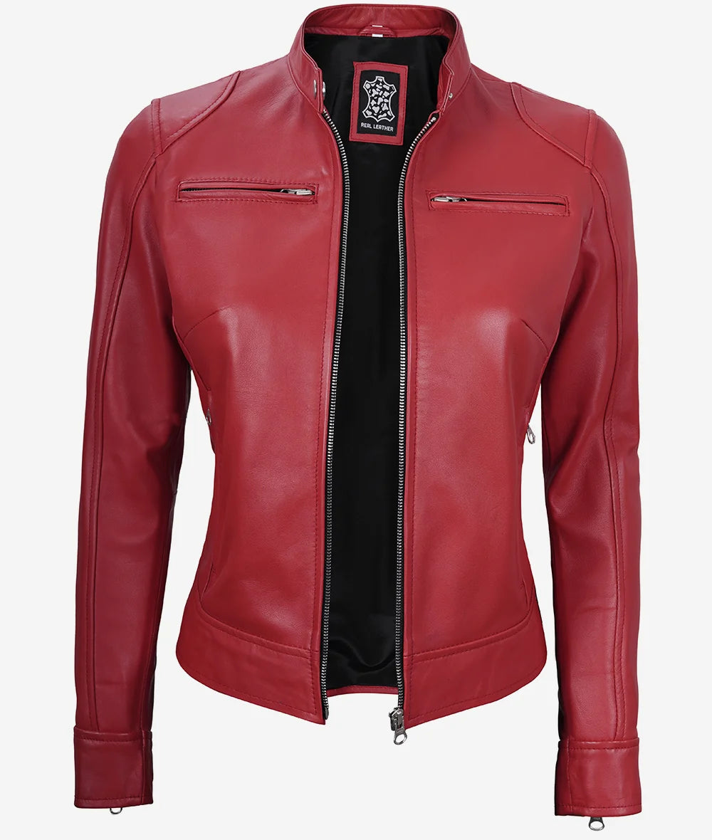 Women's Red Real Leather Moto Jacket image 1