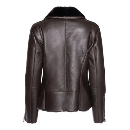 Women's Brown Shearling Straight Moto Leather Jacket image 1