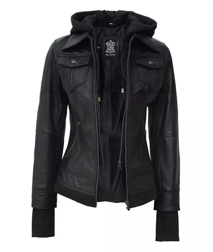 The Céleste: Women's Black Bomber Leather Jacket | Removable Hood image 0