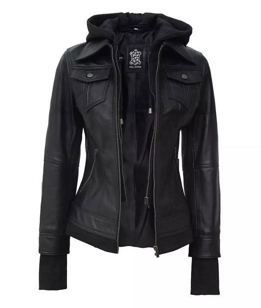 The Céleste: Women's Black Bomber Leather Jacket | Removable Hood image 0