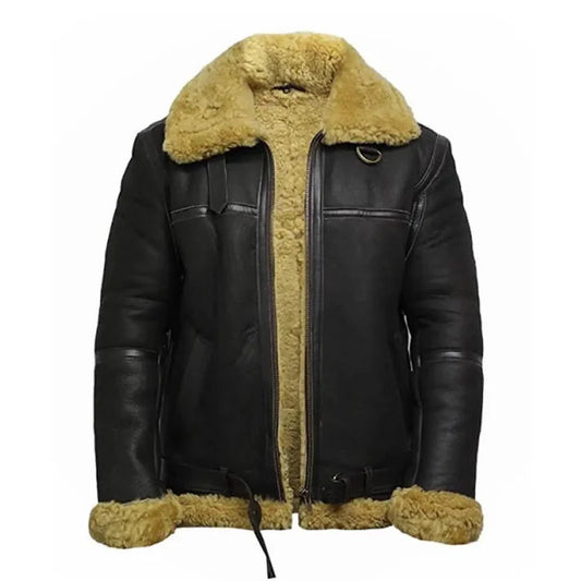 Men's Black Faux Shearling Bomber Real Leather Jacket image 0
