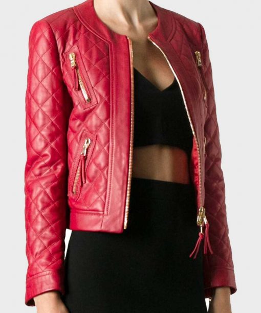 Womens Quilted Red Leather Jacket image 1
