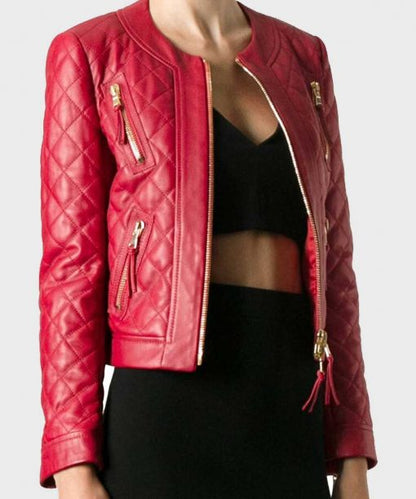 Womens Quilted Red Leather Jacket image 1