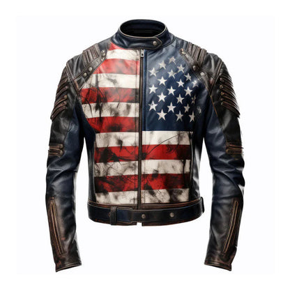 Men's USA Flag Casual Motorcycle Leather Jacket image 0