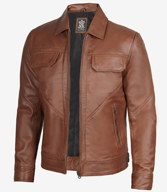 Men's Cognac Shirt Collar Trucker Leather Jacket image 0