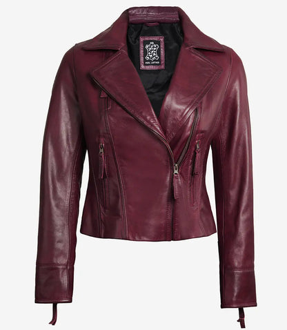 Women's Maroon Real Lambskin Leather Moto Jacket image 0