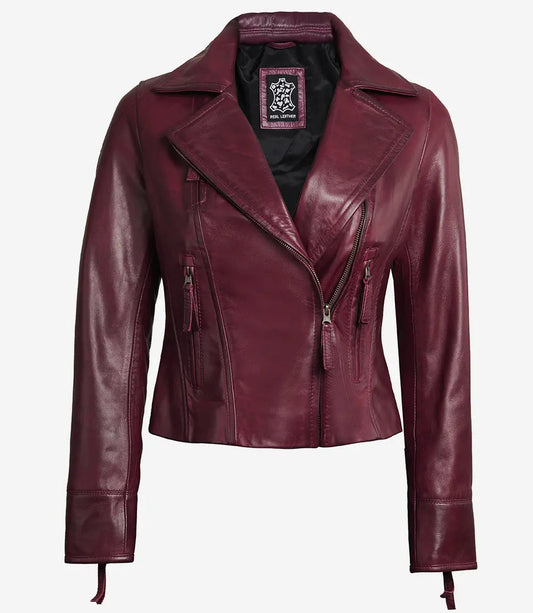 Women's Maroon Real Lambskin Leather Moto Jacket image 0