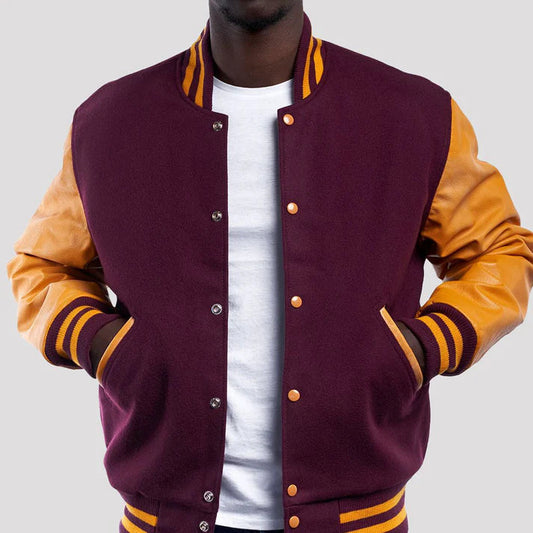 Men's Maroon and Bright Gold Wool Varsity Jacket image 0