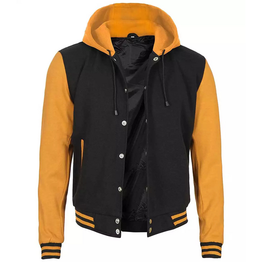 Mens Black And Yellow Letterman Varsity Jacket with Hood image 0