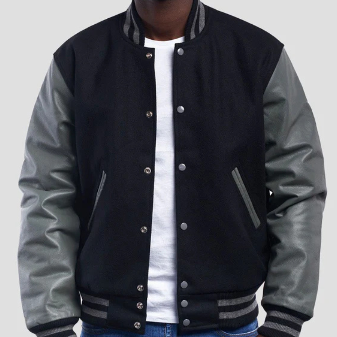 Black Wool Varsity Jacket with Grey Leather Sleeves image 0
