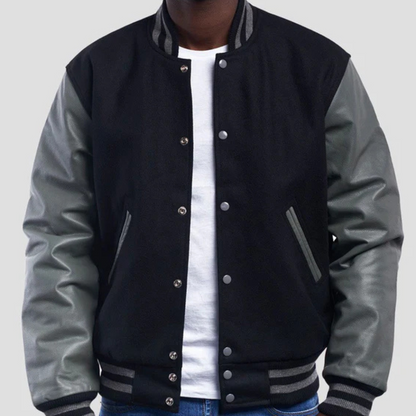 Black Wool Varsity Jacket with Grey Leather Sleeves image 0