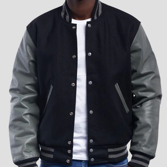 Black Wool Varsity Jacket with Grey Leather Sleeves image 0