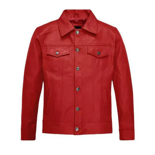 Men's Faux Trucker Red Leather Jacket image 0