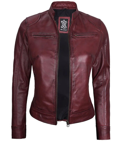 Women's Maroon Real Leather Moto Jacket image 0