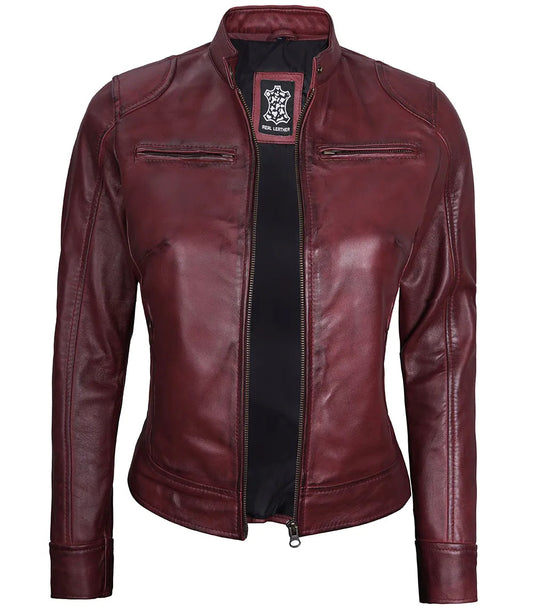 Women's Maroon Real Leather Moto Jacket image 0