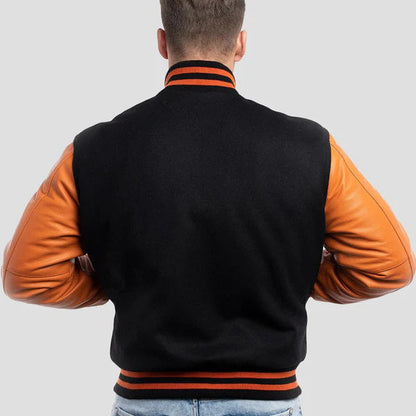 Men's Black and Orange Wool Varsity Jacket image 1