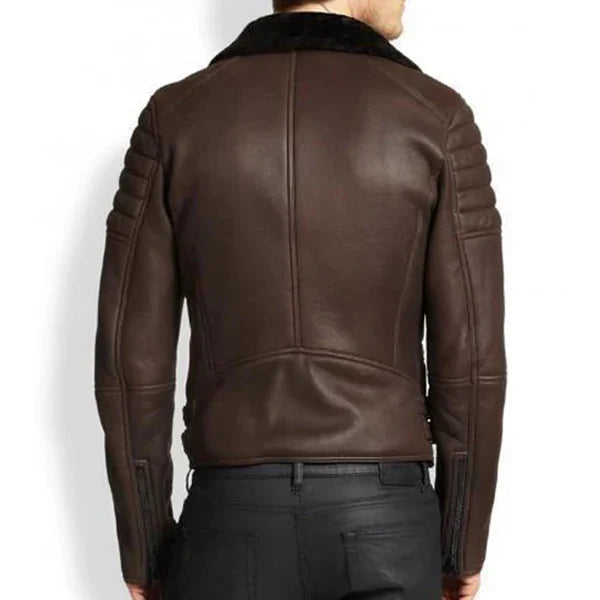 Men's Faux Shearling Cafe Black Bomber Leather Jacket image 1