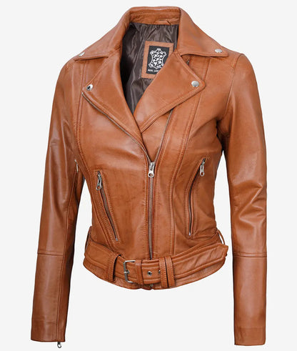Women's Brown Asymmetrical Belted Leather Jacket image 1